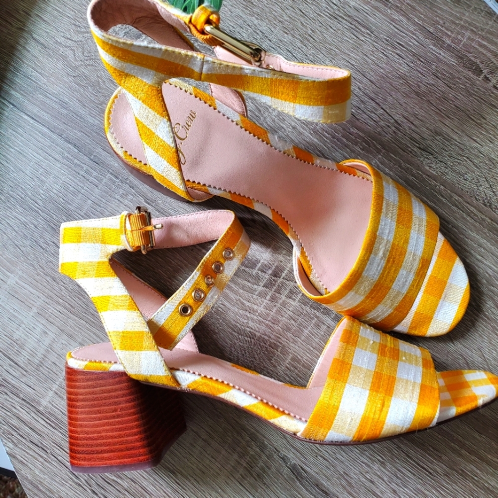 J Crew Yellow Gingham Wide Strap Sandals NWB